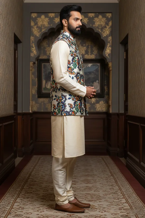 Multicolor_Premium_Pattern_Poly_Silk_Nehru_Jacket_Kurta_Pajama_Set_For_Men