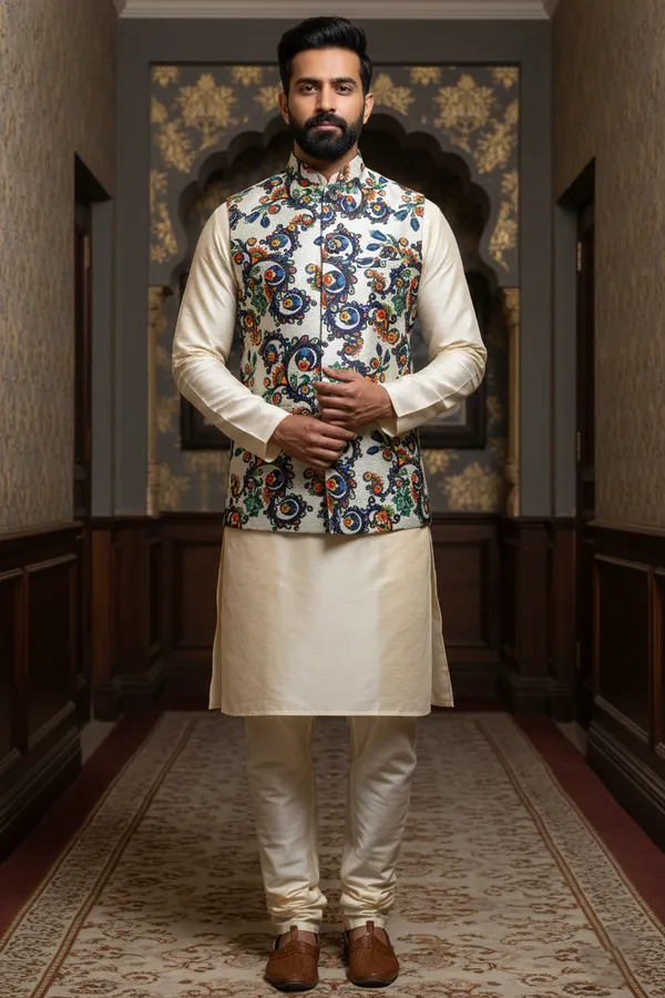 Multicolor_Premium_Pattern_Poly_Silk_Nehru_Jacket_Kurta_Pajama_Set_For_Men