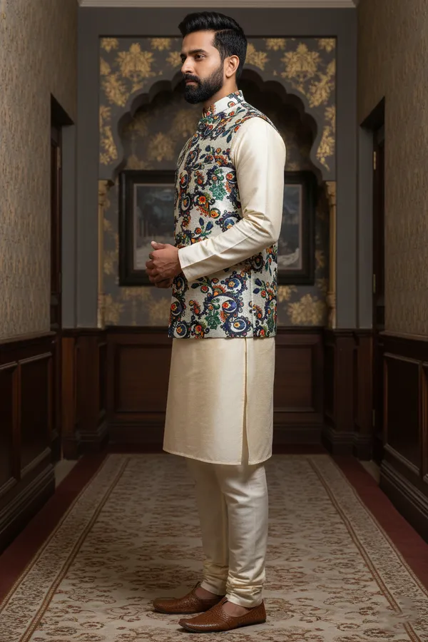 Multicolor_Premium_Pattern_Poly_Silk_Nehru_Jacket_Kurta_Pajama_Set_For_Men