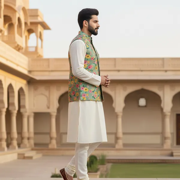Pastel_Green_Premium_Pattern_Poly_Silk_Nehru_Jacket_Kurta_Pajama_Set_For_Men