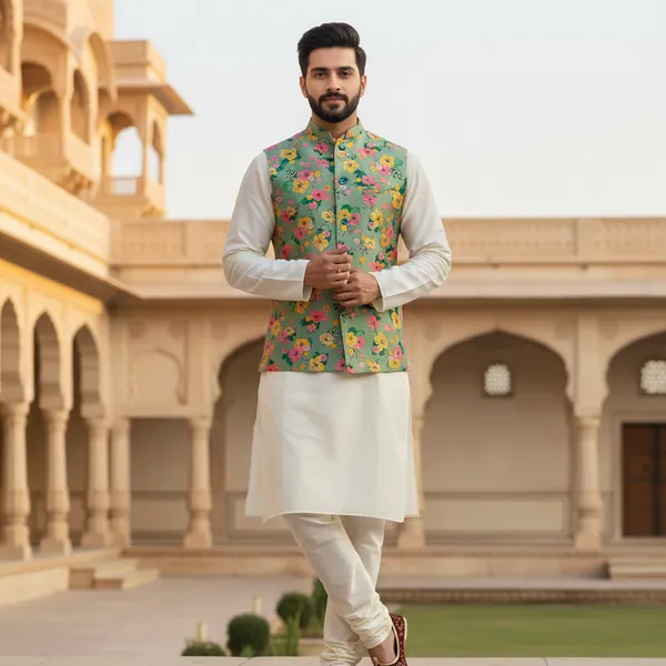 Pastel_Green_Premium_Pattern_Poly_Silk_Nehru_Jacket_Kurta_Pajama_Set_For_Men