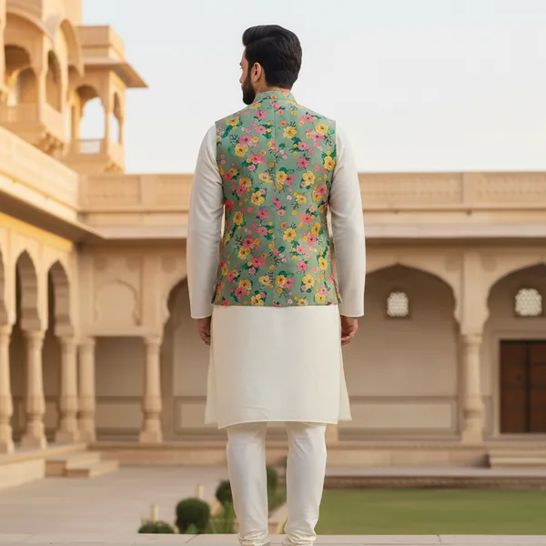 Pastel_Green_Premium_Pattern_Poly_Silk_Nehru_Jacket_Kurta_Pajama_Set_For_Men