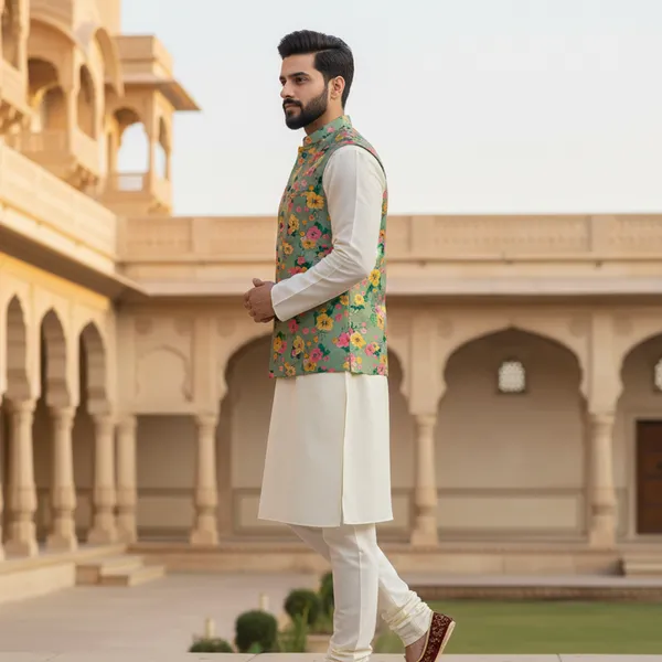 Pastel_Green_Premium_Pattern_Poly_Silk_Nehru_Jacket_Kurta_Pajama_Set_For_Men