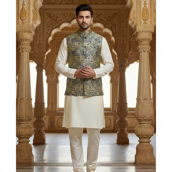 Olive_Green_And_Gold_Premium_Pattern_Jacquard_Silk_Nehru_Jacket_Kurta_Pajama_Set_For_Men