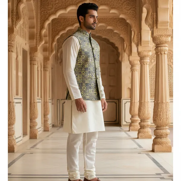 Olive_Green_And_Gold_Premium_Pattern_Jacquard_Silk_Nehru_Jacket_Kurta_Pajama_Set_For_Men