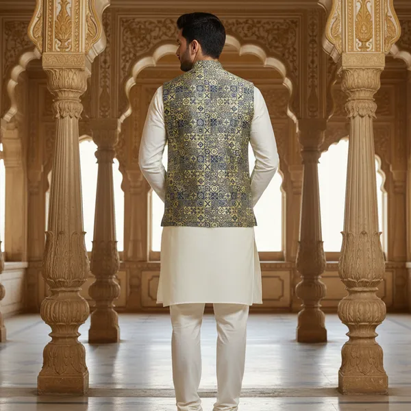 Olive_Green_And_Gold_Premium_Pattern_Jacquard_Silk_Nehru_Jacket_Kurta_Pajama_Set_For_Men
