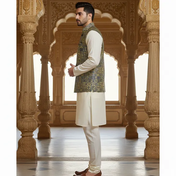 Olive_Green_And_Gold_Premium_Pattern_Jacquard_Silk_Nehru_Jacket_Kurta_Pajama_Set_For_Men