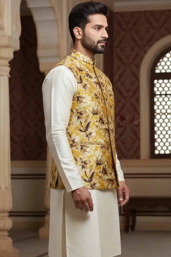 Gold_Premium_Pattern_Silk_Blend_Nehru_Jacket_Kurta_Pajama_Set_For_Men