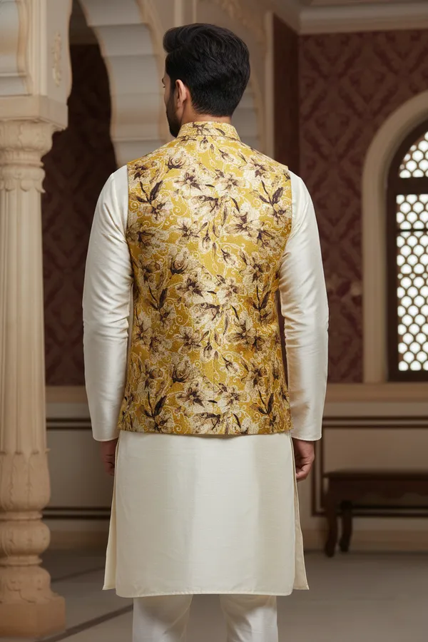 Gold_Premium_Pattern_Silk_Blend_Nehru_Jacket_Kurta_Pajama_Set_For_Men