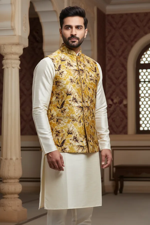 Gold_Premium_Pattern_Silk_Blend_Nehru_Jacket_Kurta_Pajama_Set_For_Men