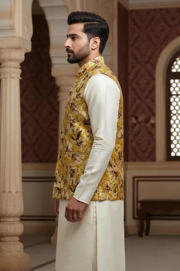 Gold_Premium_Pattern_Silk_Blend_Nehru_Jacket_Kurta_Pajama_Set_For_Men