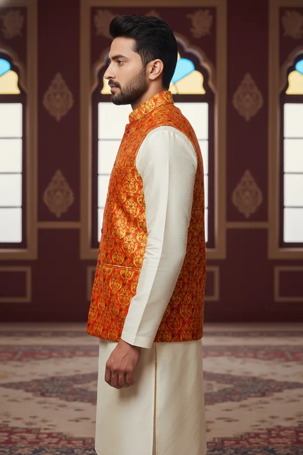 Multicolor_Premium_Pattern_Silk_Blend_Nehru_Jacket_Kurta_Pajama_Set_For_Men