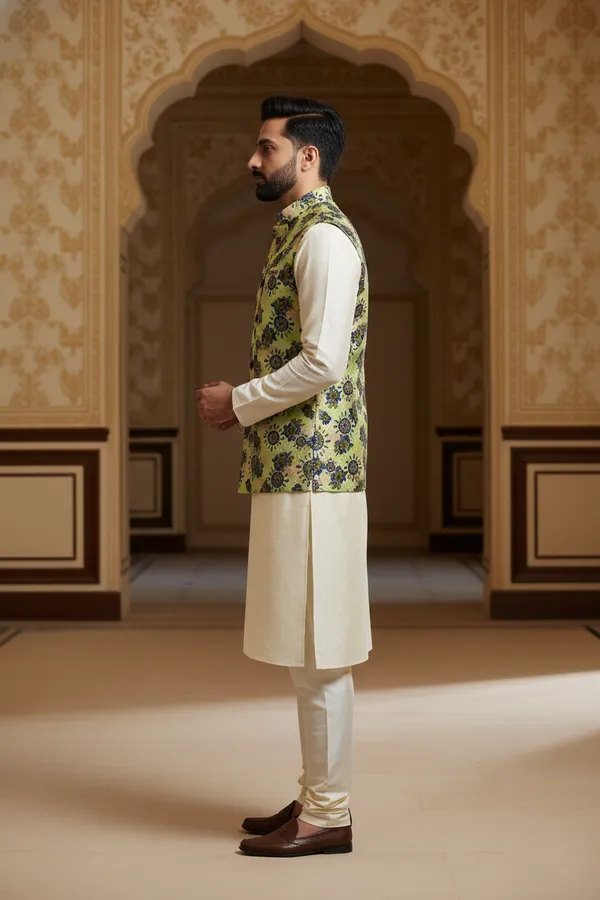 Green_Premium_Pattern_Poly_Silk_Nehru_Jacket_Kurta_Pajama_Set_For_Men