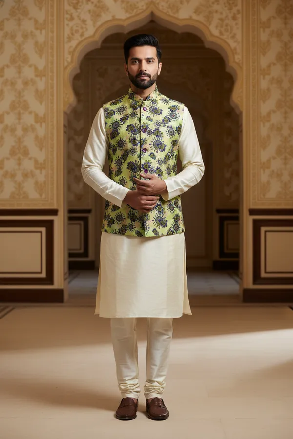Green_Premium_Pattern_Poly_Silk_Nehru_Jacket_Kurta_Pajama_Set_For_Men