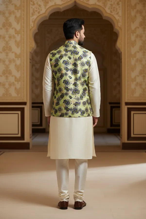 Green_Premium_Pattern_Poly_Silk_Nehru_Jacket_Kurta_Pajama_Set_For_Men