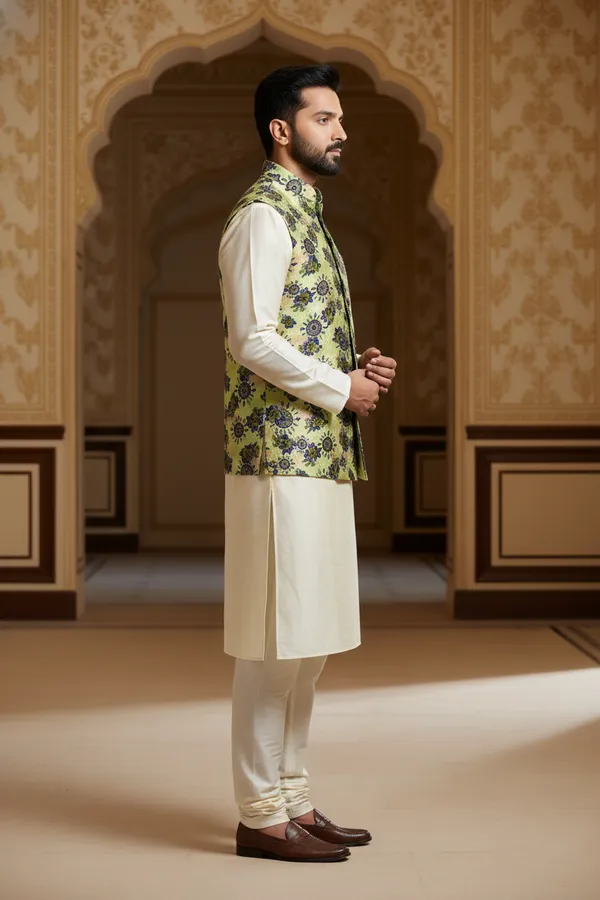 Green_Premium_Pattern_Poly_Silk_Nehru_Jacket_Kurta_Pajama_Set_For_Men