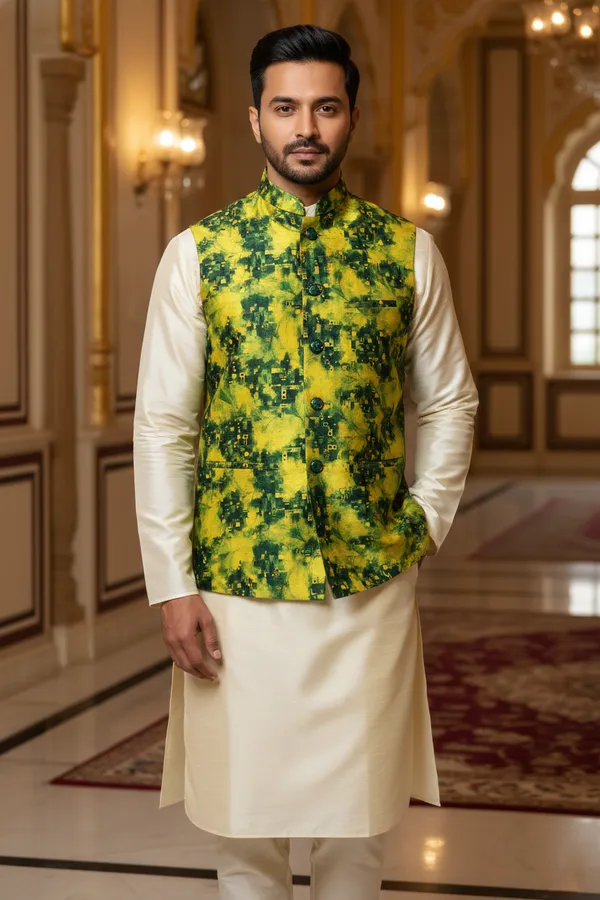 Lime_And_Emerald_Premium_Pattern_Poly_Silk_Nehru_Jacket_Kurta_Pajama_Set_For_Men