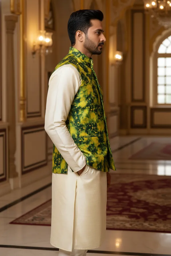 Lime_And_Emerald_Premium_Pattern_Poly_Silk_Nehru_Jacket_Kurta_Pajama_Set_For_Men