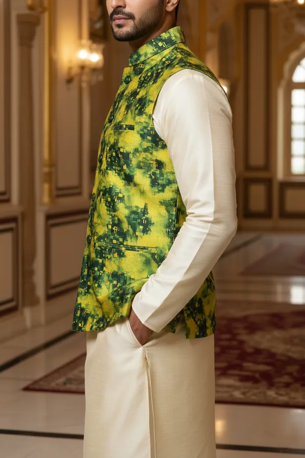 Lime_And_Emerald_Premium_Pattern_Poly_Silk_Nehru_Jacket_Kurta_Pajama_Set_For_Men