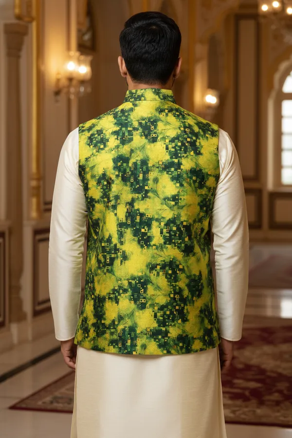 Lime_And_Emerald_Premium_Pattern_Poly_Silk_Nehru_Jacket_Kurta_Pajama_Set_For_Men