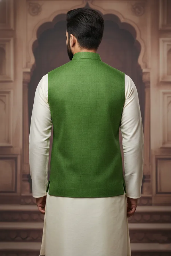 Dark_Green_And_Black_Premium_Pattern_Poly_Silk_Nehru_Jacket_Kurta_Pajama_Set_For_Men