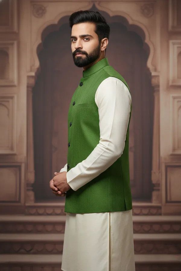 Dark_Green_And_Black_Premium_Pattern_Poly_Silk_Nehru_Jacket_Kurta_Pajama_Set_For_Men