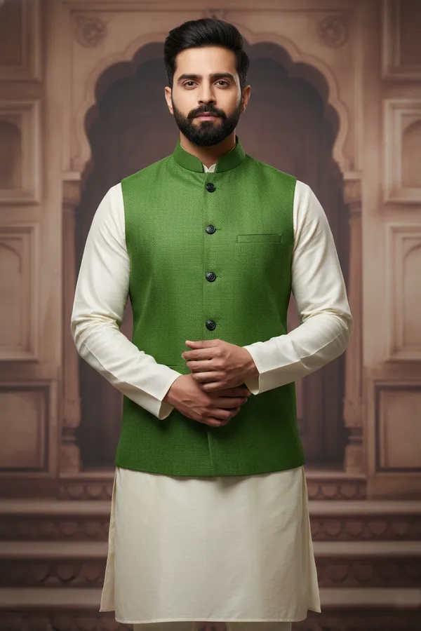 Dark_Green_And_Black_Premium_Pattern_Poly_Silk_Nehru_Jacket_Kurta_Pajama_Set_For_Men