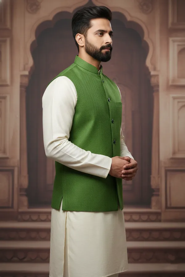 Dark_Green_And_Black_Premium_Pattern_Poly_Silk_Nehru_Jacket_Kurta_Pajama_Set_For_Men