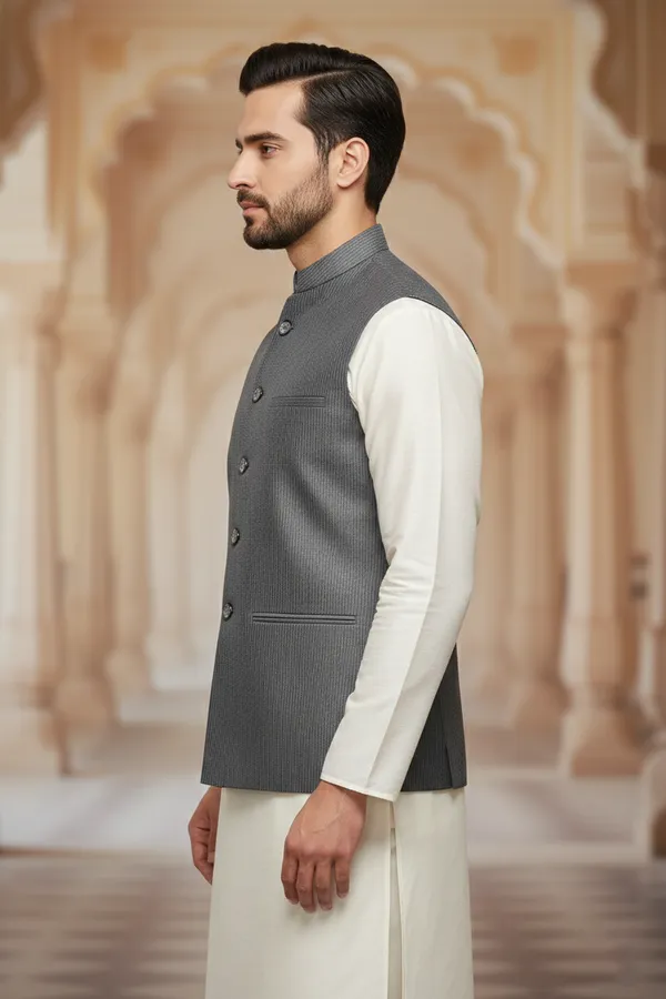 Charcoal_Premium_Pattern_Poly_Silk_Nehru_Jacket_Kurta_Pajama_Set_For_Men