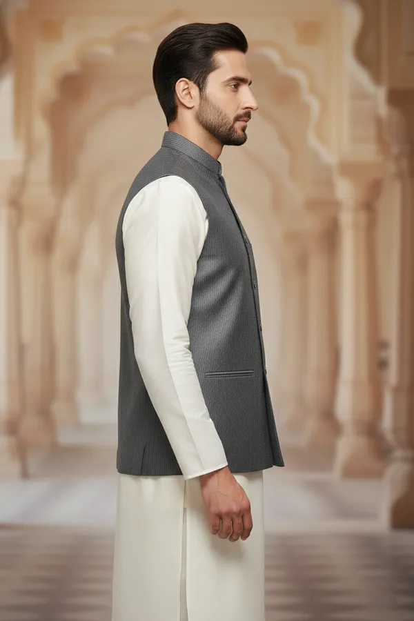 Charcoal_Premium_Pattern_Poly_Silk_Nehru_Jacket_Kurta_Pajama_Set_For_Men