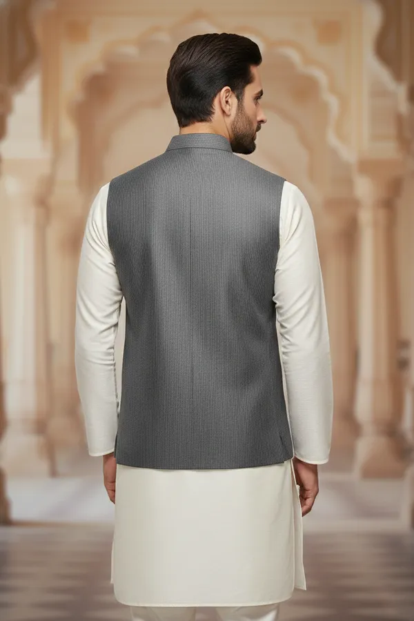 Charcoal_Premium_Pattern_Poly_Silk_Nehru_Jacket_Kurta_Pajama_Set_For_Men