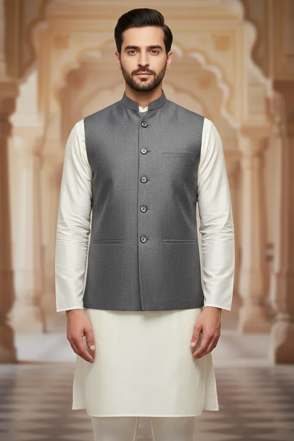 Charcoal_Premium_Pattern_Poly_Silk_Nehru_Jacket_Kurta_Pajama_Set_For_Men
