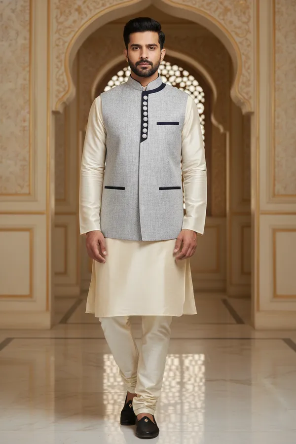Light_Grey_Premium_Pattern_Poly_Silk_Nehru_Jacket_Kurta_Pajama_Set_For_Men