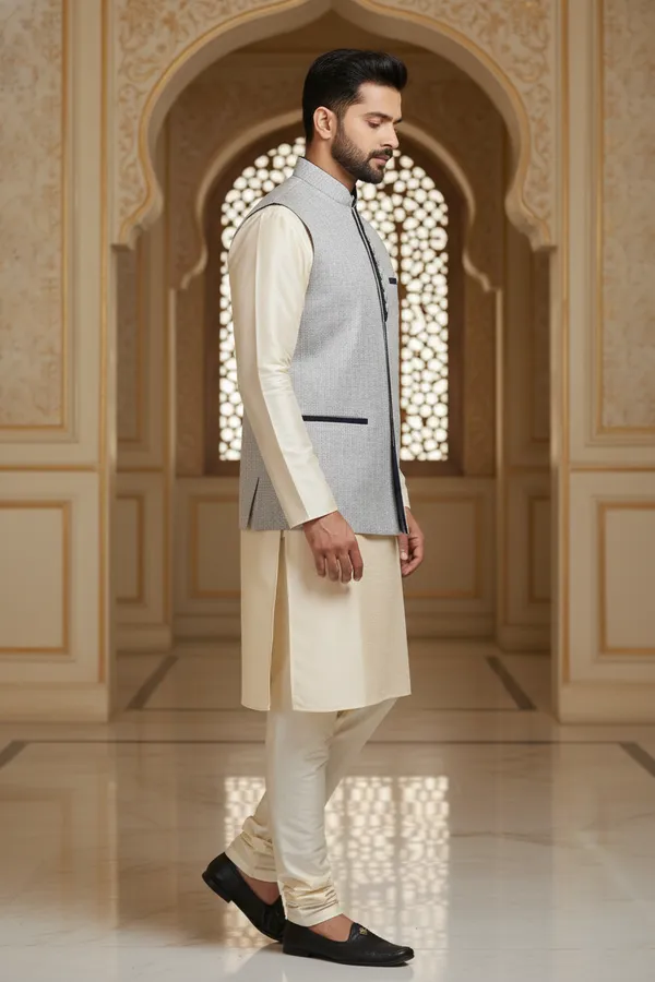 Light_Grey_Premium_Pattern_Poly_Silk_Nehru_Jacket_Kurta_Pajama_Set_For_Men
