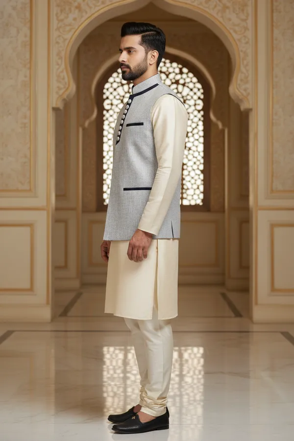 Light_Grey_Premium_Pattern_Poly_Silk_Nehru_Jacket_Kurta_Pajama_Set_For_Men