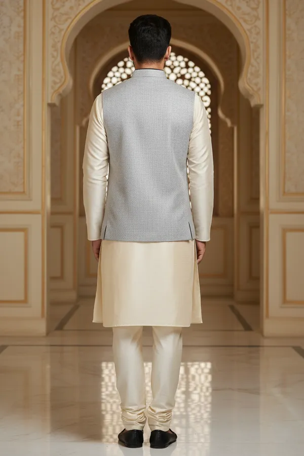 Light_Grey_Premium_Pattern_Poly_Silk_Nehru_Jacket_Kurta_Pajama_Set_For_Men