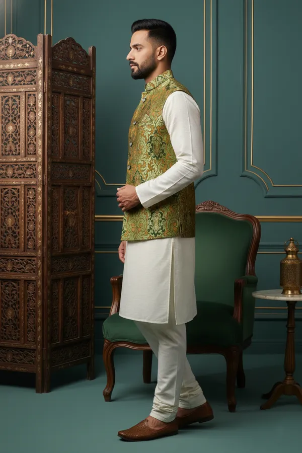 Green_Premium_Pattern_Poly_Silk_Nehru_Jacket_Kurta_Pajama_Set_For_Men