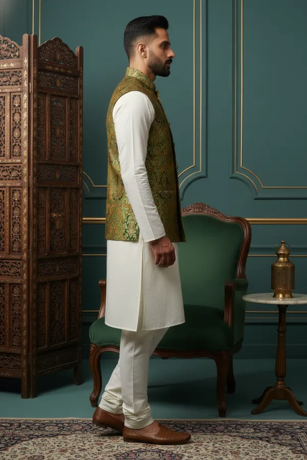 Green_Premium_Pattern_Poly_Silk_Nehru_Jacket_Kurta_Pajama_Set_For_Men