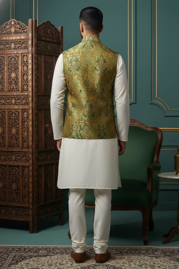 Green_Premium_Pattern_Poly_Silk_Nehru_Jacket_Kurta_Pajama_Set_For_Men
