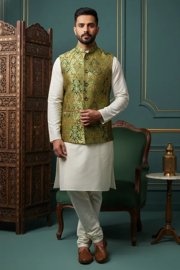 Green_Premium_Pattern_Poly_Silk_Nehru_Jacket_Kurta_Pajama_Set_For_Men