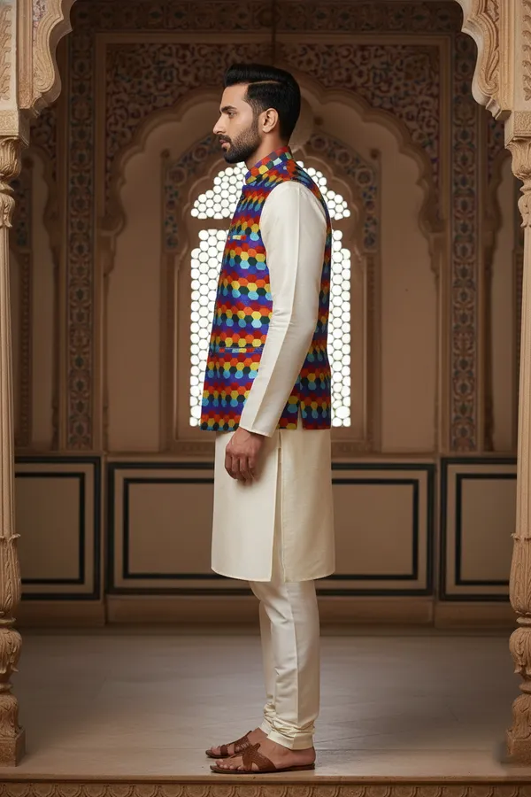 Multicolor_Premium_Pattern_Poly_Silk_Nehru_Jacket_Kurta_Pajama_Set_For_Men