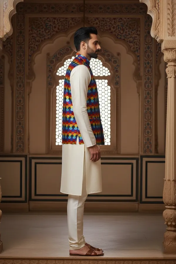 Multicolor_Premium_Pattern_Poly_Silk_Nehru_Jacket_Kurta_Pajama_Set_For_Men