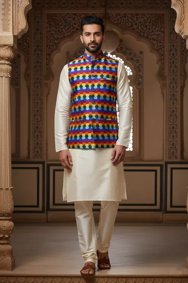 Multicolor_Premium_Pattern_Poly_Silk_Nehru_Jacket_Kurta_Pajama_Set_For_Men