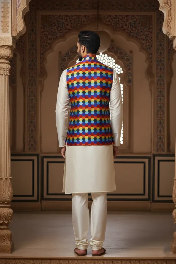 Multicolor_Premium_Pattern_Poly_Silk_Nehru_Jacket_Kurta_Pajama_Set_For_Men