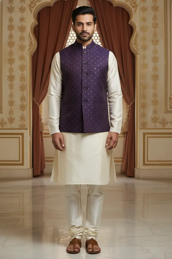 Purple_Premium_Pattern_Poly_Silk_Nehru_Jacket_Kurta_Pajama_Set_For_Men