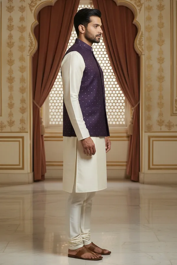 Purple_Premium_Pattern_Poly_Silk_Nehru_Jacket_Kurta_Pajama_Set_For_Men