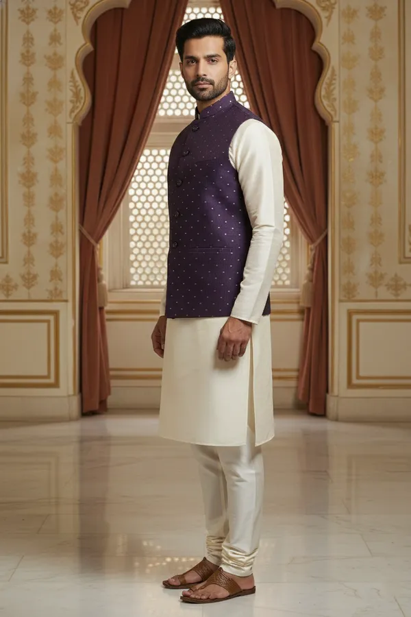 Purple_Premium_Pattern_Poly_Silk_Nehru_Jacket_Kurta_Pajama_Set_For_Men