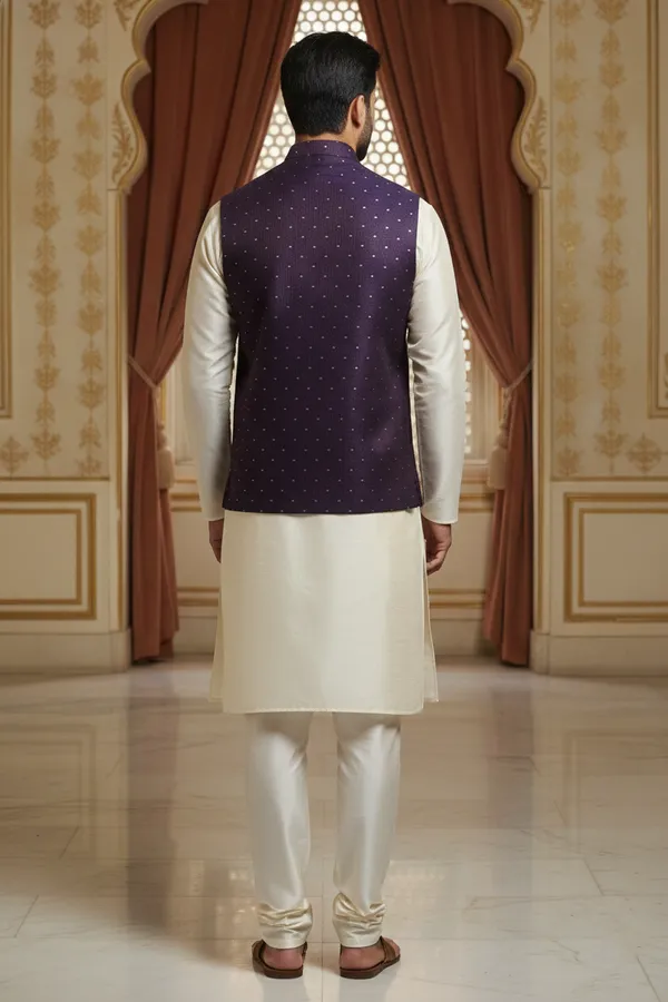 Purple_Premium_Pattern_Poly_Silk_Nehru_Jacket_Kurta_Pajama_Set_For_Men