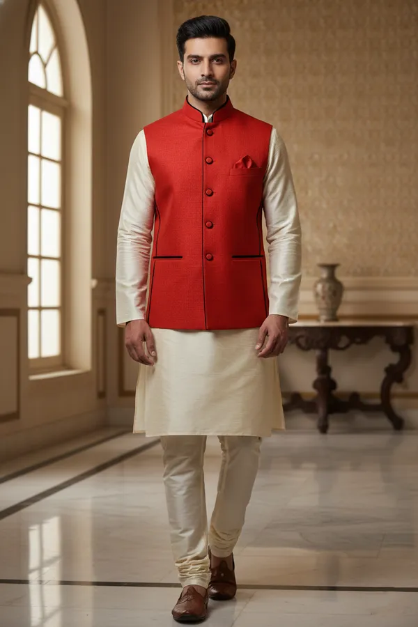 Brightred_Premium_Pattern_Poly_Silk_Nehru_Jacket_Kurta_Pajama_Set_For_Men