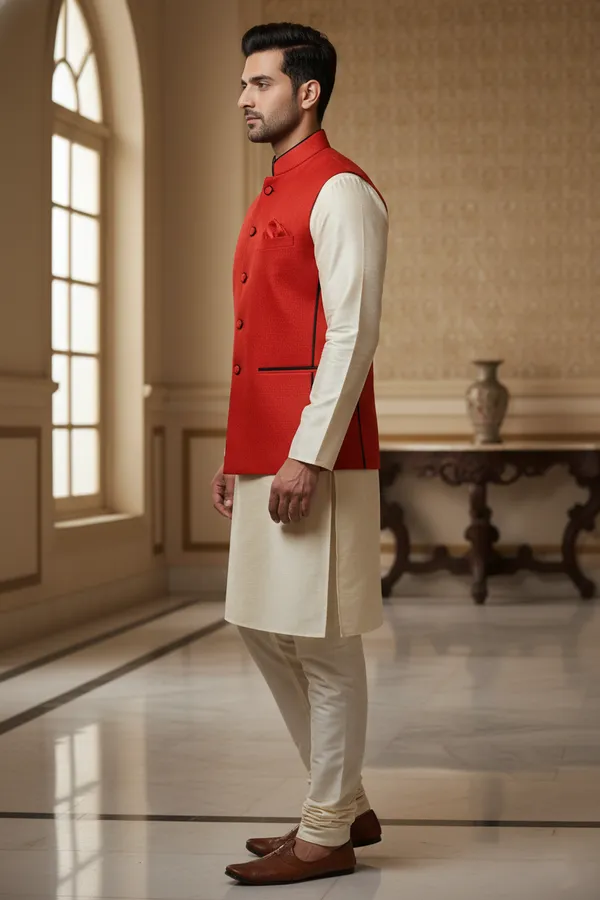 Brightred_Premium_Pattern_Poly_Silk_Nehru_Jacket_Kurta_Pajama_Set_For_Men